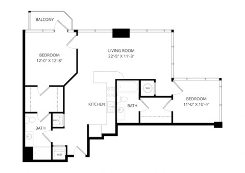 Floor plan for 2 beds, 2 baths, 1087 sqft